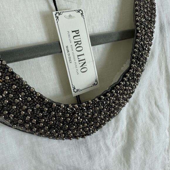 Lungo L'Arno NWT White Beaded 100% Linen Tank Blouse Made In Italy Size L - Picture 4 of 8